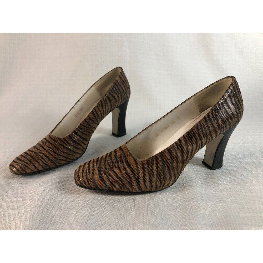 Valerie Stevens Gold & Black Shimmer Zebra Print Pumps Heels Sz 10B Angel